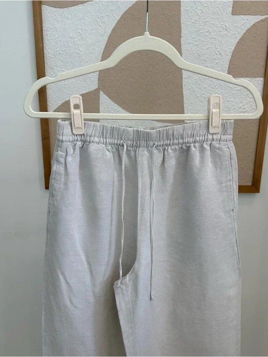 Light Beige Wide-Leg Linen-Blend Pants - Picture 3 of 3